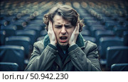 A Man Covers His Ears While Sitting in a Stadium Seating Row. Generative AI. Стоковое AI-изображение, AI-художник Roman Zavorotny / Фотобанк Лори