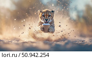 Dynamic Cheetah Sprinting with Coffee Cup in Dusty Savanna for Wildlife Adventure Poster. Стоковое AI-изображение, AI-художник Данила Большаков / Фотобанк Лори