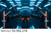 Futuristic concept: A cutting-edge drone hovering in a neon-lit, high-tech environment, ready for advanced surveillance or delivery missions. Стоковое AI-изображение, AI-художник Данила Большаков / Фотобанк Лори