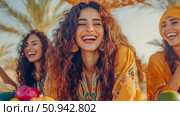 Friendship and Laughter: A Group of Women Share a Joyful Moment Outdoors. Стоковое AI-изображение, AI-художник Данила Большаков / Фотобанк Лори