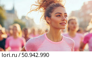 Breast Cancer Awareness Run: A smiling woman participates in a charity marathon wearing pink, raising funds for breast cancer research. Стоковое AI-изображение, AI-художник Данила Большаков / Фотобанк Лори