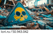 Concept: Post-Apocalyptic Warning, For print, card, poster. Blue triangle hazard sign with yellow skull icon, sitting atop rubble in a desolate landscape. Стоковое AI-изображение, AI-художник Данила Большаков / Фотобанк Лори