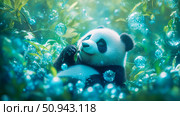 Tranquil Panda: A serene scene of a panda cub surrounded by shimmering bubbles amidst lush foliage. Стоковое AI-изображение, AI-художник Данила Большаков / Фотобанк Лори