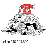 Метафора рабочей перегрузки. Офисный стол завален документами, а ярко-красный телефон звонит без остановки, символизируя чрезмерную загруженность и постоянное давление. Стоковое AI-изображение, AI-художник Ирина Першина / Фотобанк Лори