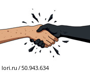 Символ примирения и преодоления разногласий. Две руки протягиваются через пропасть и обмениваются рукопожатием, символизируя разрешение конфликтов и восстановление сотрудничества. Стоковое AI-изображение, AI-художник Ирина Першина / Фотобанк Лори