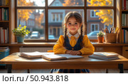 A young girl is sitting at a desk with books and a pencil. Стоковое AI-изображение, AI-художник Ярославский Максим / Фотобанк Лори