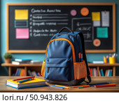 A blue and orange backpack sits on a desk in front of a chalkboard. Стоковое AI-изображение, AI-художник Ярославский Максим / Фотобанк Лори