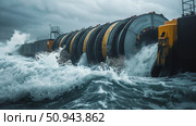 Dynamic and powerful waves crash forcefully against the coastal barrier during intense stormy weather conditions. Стоковое AI-изображение, AI-художник Anastasy Yarmolovich / Фотобанк Лори