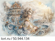 Romantic fantasy illustration of a girl with lush hair and delicate features, surrounded by airy curls and architectural motifs in the style of European Baroque. Her image is organically woven into the background with palaces, clouds and water surface, creating a sense of a fairy tale, a dream and a magical world. The picture is made in pastel colors with exquisite details, evoking an atmosphere of tenderness, inspiration and beauty. Suitable for decorating books, postcards, packages, wall posters and designer collections. Стоковое AI-изображение, AI-художник Анна Кривицкая / Фотобанк Лори