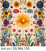 A bright decorative illustration in the style of a botanical mandala with a central image of the sun, flowers, planets and stars. The composition is symmetrical, includes tulips, sunflowers, anemones and other wild flowers, as well as images of celestial bodies. The work is done in watercolor and resembles a combination of science fiction and nature poetry. Suitable for use in the design of textiles, postcards, posters, as well as in the themes of esotericism, nature and space. Стоковое AI-изображение, AI-художник Анна Кривицкая / Фотобанк Лори