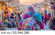 Concept: Traditional ride. A woman riding a donkey with colorful textiles on a vibrant street in an old town setting, illuminated by soft, warm light. Стоковое AI-изображение, AI-художник Данила Большаков / Фотобанк Лори