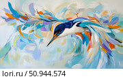Dynamic Composition of a Kingfisher in Flight: A Vibrant Expressionist Painting. Стоковое AI-изображение, AI-художник Данила Большаков / Фотобанк Лори