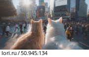 Two cats observe bustling Shibuya crossing during sunset in Tokyo. Стоковое AI-видео, аниматор Ekaterina Ismagilova / Фотобанк Лори