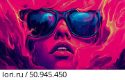 Psychedelic Portrait with Sunglasses in Swirling Pink and Blue Hue. Стоковое AI-изображение, AI-художник Данила Большаков / Фотобанк Лори