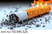 Smoldering Cigarette with Burning Flame and Scattered Ash. Стоковое AI-изображение, AI-художник Данила Большаков / Фотобанк Лори