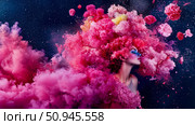 Ethereal beauty concept: Portrait of a woman adorned with vibrant floral cloud, suspended in a starry cosmic expanse, a surreal juxtaposition of nature and the universe. Стоковое AI-изображение, AI-художник Данила Большаков / Фотобанк Лори