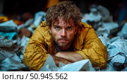 Brooding portrait of a man in yellow jacket surrounded by paper with a serious expression. Стоковое AI-изображение, AI-художник Данила Большаков / Фотобанк Лори
