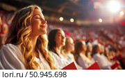 Choir Performance: Young woman enjoying concert sunlight. Стоковое AI-изображение, AI-художник Данила Большаков / Фотобанк Лори