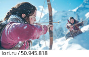A determined archer in a snowy mountain landscape, ready to shoot an arrow with another archer in the background, showcasing a scene of adventure and resilience. Стоковое AI-изображение, AI-художник Данила Большаков / Фотобанк Лори