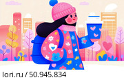 Winter holiday outing: a woman enjoying a hot beverage in a snowy city park, great for winter cards or seasonal illustration. Стоковое AI-изображение, AI-художник Данила Большаков / Фотобанк Лори