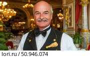 Portrait of an Elegant Waiter in a Luxurious Restaurant. Стоковое AI-изображение, AI-художник Данила Большаков / Фотобанк Лори