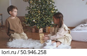 Happy family, sibling, little boy and girl, or best friends are sitting on floor near Xmas tree playing board game with wooden tower together at home while spending leisure Christmas holidays. Footage. Стоковое видео, видеограф Ирина Михайличенко / Фотобанк Лори