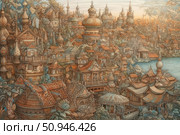 A fairy-tale city in the style of East Slavic architecture, depicted as a complex illustration with many details. Patterned domes, towers, tiled roofs and carved platbands create an atmosphere of magic and antiquity. The illustration is made in soft warm tones, with a predominance of ocher, brown and bluish-green. Ideal for themes about fairy tales, fantasy worlds, Slavic mythology and decorative graphics. Стоковое AI-изображение, AI-художник Анна Кривицкая / Фотобанк Лори