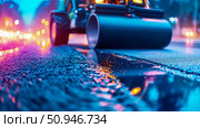 Roadwork Under Neon Lights: Compacting Fresh Asphalt at Night. Стоковое AI-изображение, AI-художник Данила Большаков / Фотобанк Лори