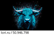Abstract Blue Bull Head Illustration with Splatter Effect on Black, Concept: Artistic Representation. Стоковое AI-изображение, AI-художник Данила Большаков / Фотобанк Лори
