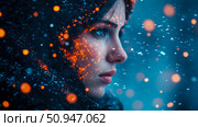 Portrait of a woman in a hooded cloak with shimmering lights, conveying a mystical aura. Стоковое AI-изображение, AI-художник Данила Большаков / Фотобанк Лори