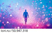 Concept: Pathway of light, A man walks into the light, hope, dreams, aspiration. Стоковое AI-изображение, AI-художник Данила Большаков / Фотобанк Лори