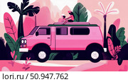 Travel concept illustration depicting a campervan adventure with a couple enjoying scenic views, suitable for postcards, prints and posters. Стоковое AI-изображение, AI-художник Данила Большаков / Фотобанк Лори