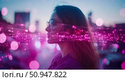 Woman Contemplating the Future, Envisioning Connectivity within a Cybernetic Landscape, a Portrait of Innovation. Стоковое AI-изображение, AI-художник Данила Большаков / Фотобанк Лори