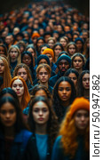 Crowd's Collective Reflection: A diverse gathering of faces, expressions, and personalities, presenting a communal experience and a spectrum of individuality. Стоковое AI-изображение, AI-художник Данила Большаков / Фотобанк Лори