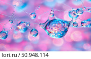 Macro: Liquid spheres on fine filaments with bokeh. Стоковое AI-изображение, AI-художник Данила Большаков / Фотобанк Лори