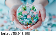Fragile Future: A Miniature Town in a Crystal Sphere Held in Human Hands Depicting Environmental Awareness. Стоковое AI-изображение, AI-художник Данила Большаков / Фотобанк Лори