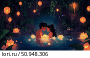 Romantic Evening: Couple in a Pond Surrounded by Floating Lotus Flowers and Glowing Lanterns. Стоковое AI-изображение, AI-художник Данила Большаков / Фотобанк Лори