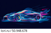 Futuristic automobile concept with glowing neon lines, conveying velocity and innovation. Стоковое AI-изображение, AI-художник Данила Большаков / Фотобанк Лори