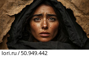 Melancholy Portrait: A woman's face framed by torn parchment and dark cloth, expressing deep sorrow with tearful eyes. Стоковое AI-изображение, AI-художник Данила Большаков / Фотобанк Лори