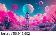 Cosmic Dream: Astronaut on an alien planet amidst surreal clouds and planets, exploring new frontiers in pink and turquoise hues. Стоковое AI-изображение, AI-художник Данила Большаков / Фотобанк Лори