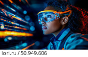 Woman with safety goggle looking at digital data stream, tech innovation, futuristic concept. Стоковое AI-изображение, AI-художник Данила Большаков / Фотобанк Лори