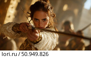 A focused red haired woman archer aiming with bow and arrow, wearing white and gold, in action. Стоковое AI-изображение, AI-художник Данила Большаков / Фотобанк Лори