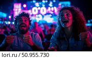 Concert Audience Excitement: A couple immersed in a live music event, displaying jubilation and fervor amidst a colorful, vibrant atmosphere. Стоковое AI-изображение, AI-художник Данила Большаков / Фотобанк Лори