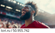 Triumph: A jubilant athlete at an outdoor stadium celebrating victory with pure joy and ecstatic laughter, bathed in the warm light of accomplishment. Стоковое AI-изображение, AI-художник Данила Большаков / Фотобанк Лори
