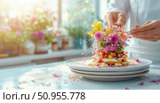 Dessert creation with spring flowers, food presentation. Recipe preparation illustration for culinary blog. Стоковое AI-изображение, AI-художник Данила Большаков / Фотобанк Лори