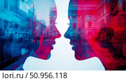 Dynamic abstract artwork showcasing human connection with contrasting red and blue urban landscapes, a concept suitable for print, poster, or banner promotion. Стоковое AI-изображение, AI-художник Данила Большаков / Фотобанк Лори