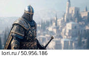 A majestic armored warrior standing guard over an ancient city, clad in ornate dark and gold plate, embodying a spirit of valor and protection. Стоковое AI-изображение, AI-художник Данила Большаков / Фотобанк Лори