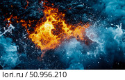 A vibrant abstract collision of fiery molten liquid and cooling blue water with explosive splashes and contrasting elements, for print or digital media. Стоковое AI-изображение, AI-художник Данила Большаков / Фотобанк Лори