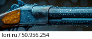 Close-up of an ornate, wet firearm featuring intricate engravings and glistening water droplets on its metal barrel and polished wooden stock. Стоковое AI-изображение, AI-художник Данила Большаков / Фотобанк Лори