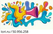 Vibrant fluid shapes bursting from a megaphone, embodying a celebration of sound and color for a fun event banner or greeting card. Стоковое AI-изображение, AI-художник Данила Большаков / Фотобанк Лори